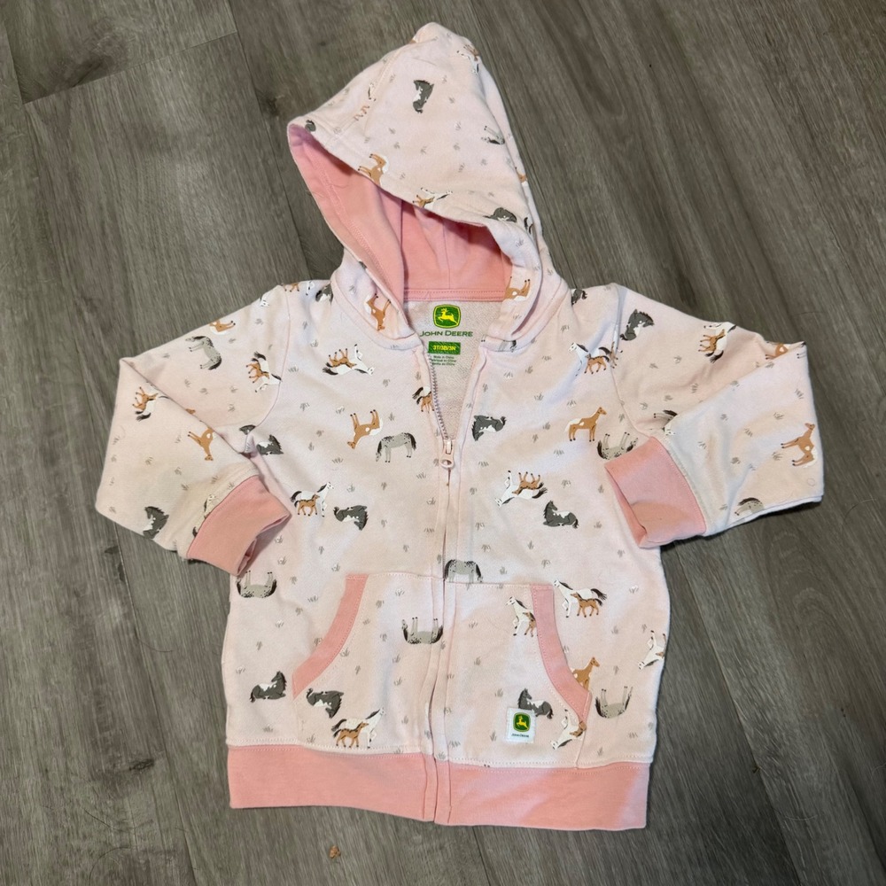 John Deere Girls Pink Horse Farm Print Zip Up Hoodie Sweatshirt Size 3T